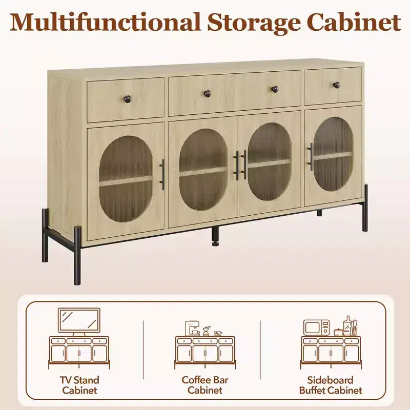 62 Inch Large Sideboard Buffet Cabinet with Storage and 3 Drawers, Coffee Bar Storage Cabinet with 4 Glass Doors for Dining Room,Living Room, Kitchen