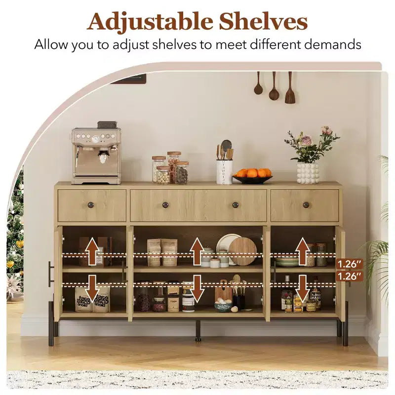 62 Inch Large Sideboard Buffet Cabinet with Storage and 3 Drawers, Coffee Bar Storage Cabinet with 4 Glass Doors for Dining Room,Living Room, Kitchen