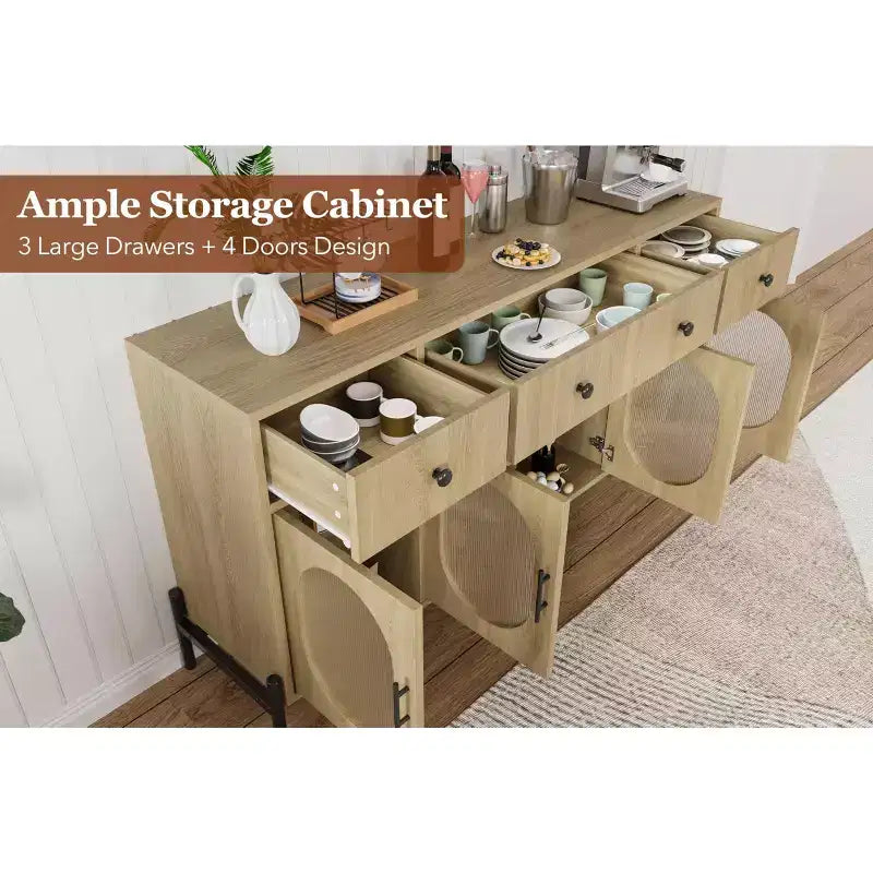 62 Inch Large Sideboard Buffet Cabinet with Storage and 3 Drawers, Coffee Bar Storage Cabinet with 4 Glass Doors for Dining Room,Living Room, Kitchen