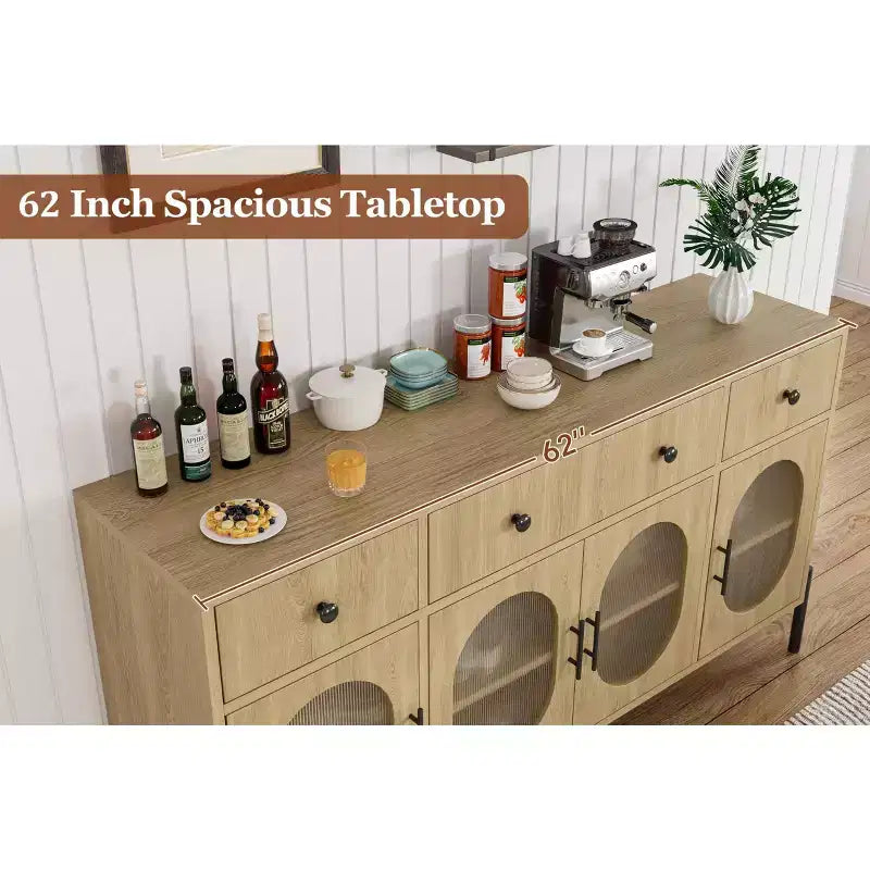 62 Inch Large Sideboard Buffet Cabinet with Storage and 3 Drawers, Coffee Bar Storage Cabinet with 4 Glass Doors for Dining Room,Living Room, Kitchen