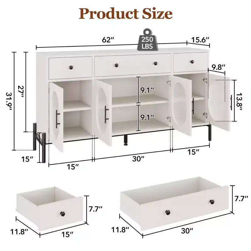 62 Inch Large Sideboard Buffet Cabinet with Storage and 3 Drawers, Coffee Bar Storage Cabinet with 4 Glass Doors for Dining Room,Living Room, Kitchen