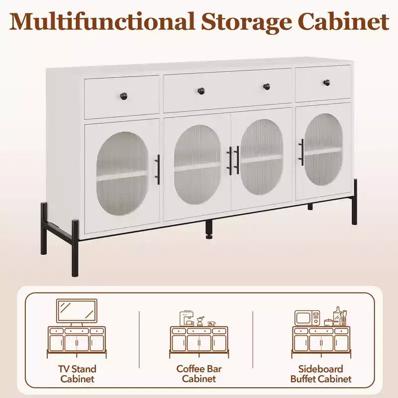 62 Inch Large Sideboard Buffet Cabinet with Storage and 3 Drawers, Coffee Bar Storage Cabinet with 4 Glass Doors for Dining Room,Living Room, Kitchen