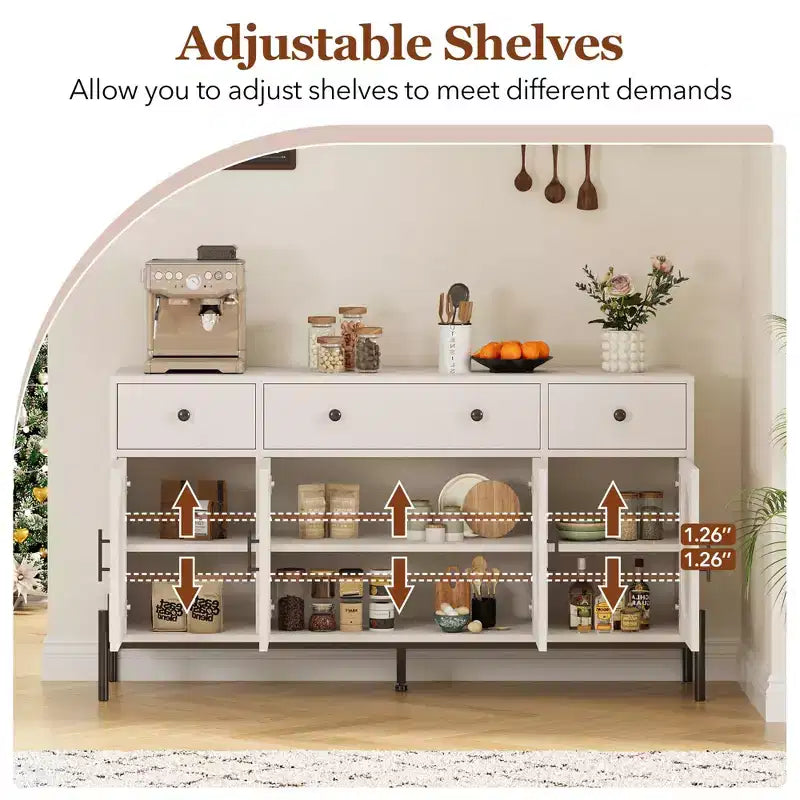 62 Inch Large Sideboard Buffet Cabinet with Storage and 3 Drawers, Coffee Bar Storage Cabinet with 4 Glass Doors for Dining Room,Living Room, Kitchen