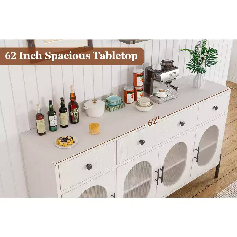 62 Inch Large Sideboard Buffet Cabinet with Storage and 3 Drawers, Coffee Bar Storage Cabinet with 4 Glass Doors for Dining Room,Living Room, Kitchen