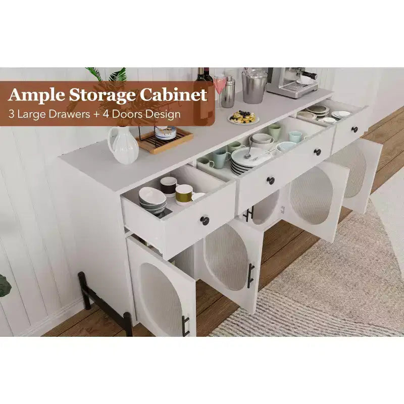 62 Inch Large Sideboard Buffet Cabinet with Storage and 3 Drawers, Coffee Bar Storage Cabinet with 4 Glass Doors for Dining Room,Living Room, Kitchen