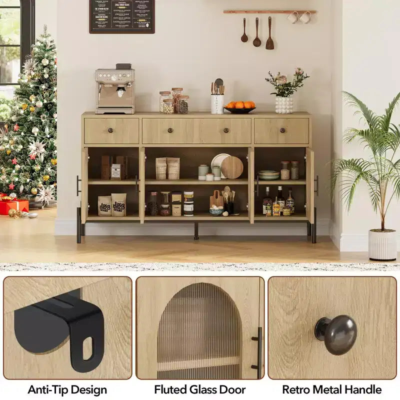 62 Inch Large Sideboard Buffet Cabinet with Storage and 3 Drawers, Coffee Bar Storage Cabinet with 4 Glass Doors for Dining Room,Living Room, Kitchen