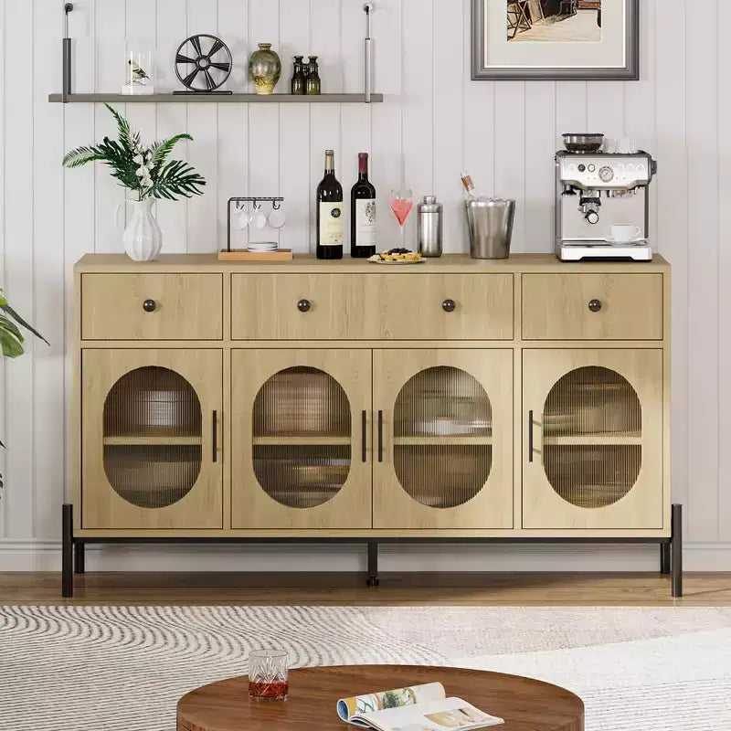 62 Inch Large Sideboard Buffet Cabinet with Storage and 3 Drawers, Coffee Bar Storage Cabinet with 4 Glass Doors for Dining Room,Living Room, Kitchen