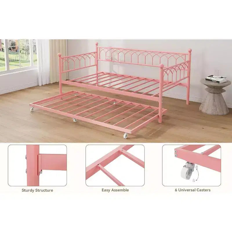 Bed Frame, Bed Frame Twin Daybed with Trundle, Convertible 2-in-1 Sofa, Space Saving Metal Sleeper, for Small Spaces, Apartments, Living Room