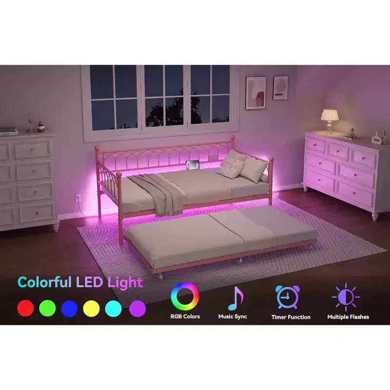 Bed Frame, Bed Frame Twin Daybed with Trundle, Convertible 2-in-1 Sofa, Space Saving Metal Sleeper, for Small Spaces, Apartments, Living Room