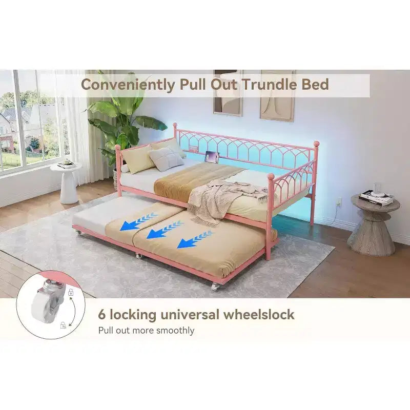 Bed Frame, Bed Frame Twin Daybed with Trundle, Convertible 2-in-1 Sofa, Space Saving Metal Sleeper, for Small Spaces, Apartments, Living Room