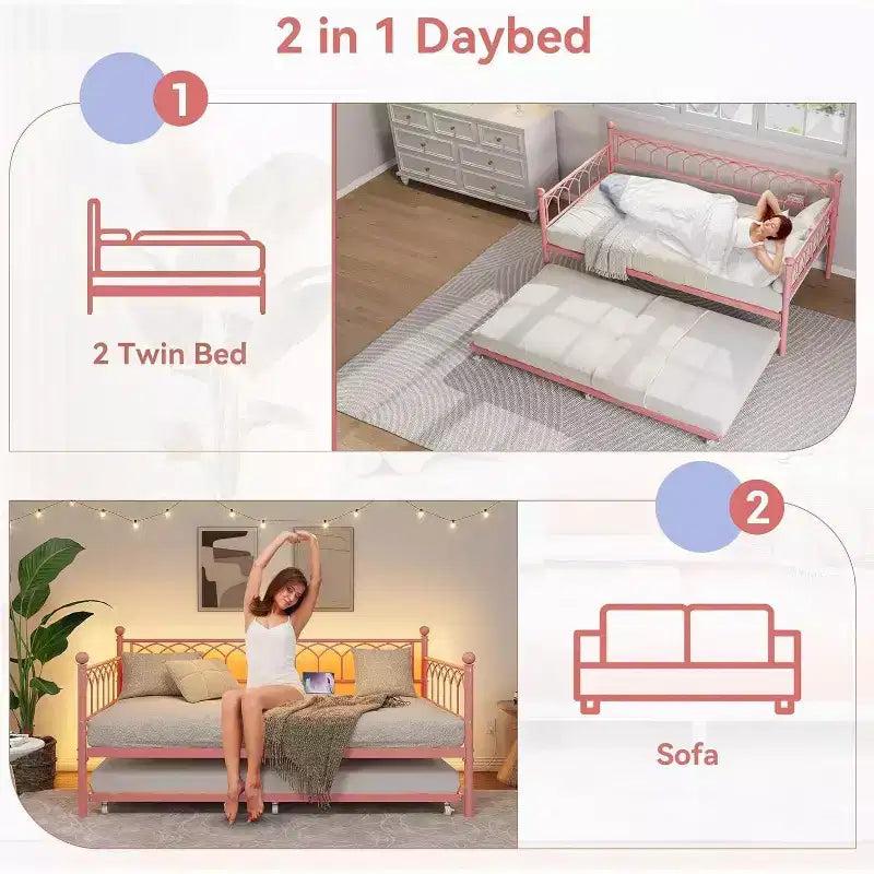 Bed Frame, Bed Frame Twin Daybed with Trundle, Convertible 2-in-1 Sofa, Space Saving Metal Sleeper, for Small Spaces, Apartments, Living Room