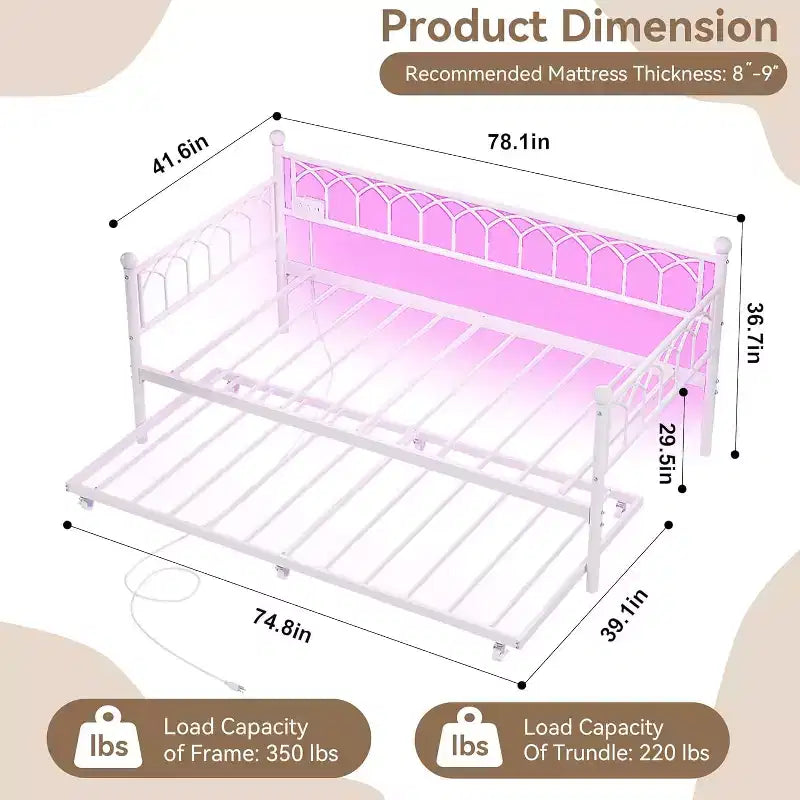 Bed Frame, Bed Frame Twin Daybed with Trundle, Convertible 2-in-1 Sofa, Space Saving Metal Sleeper, for Small Spaces, Apartments, Living Room