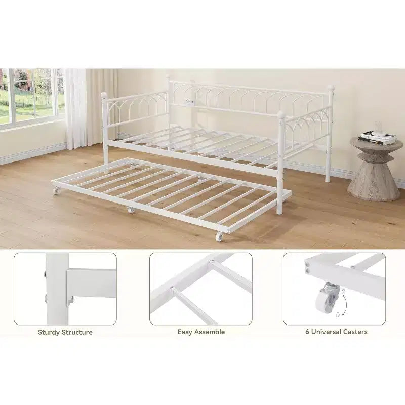 Bed Frame, Bed Frame Twin Daybed with Trundle, Convertible 2-in-1 Sofa, Space Saving Metal Sleeper, for Small Spaces, Apartments, Living Room