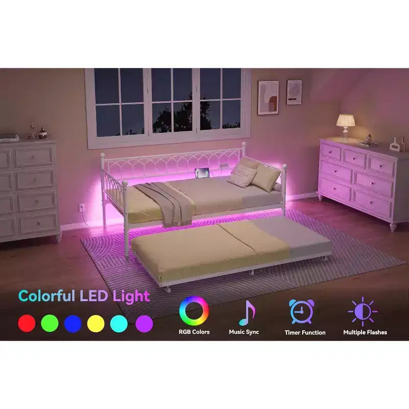 Bed Frame, Bed Frame Twin Daybed with Trundle, Convertible 2-in-1 Sofa, Space Saving Metal Sleeper, for Small Spaces, Apartments, Living Room