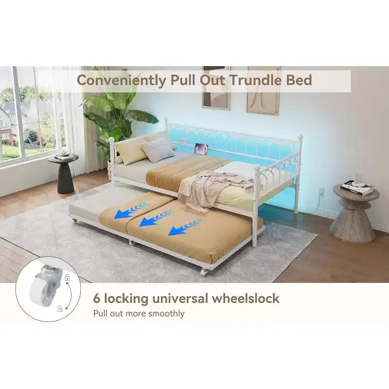 Bed Frame, Bed Frame Twin Daybed with Trundle, Convertible 2-in-1 Sofa, Space Saving Metal Sleeper, for Small Spaces, Apartments, Living Room