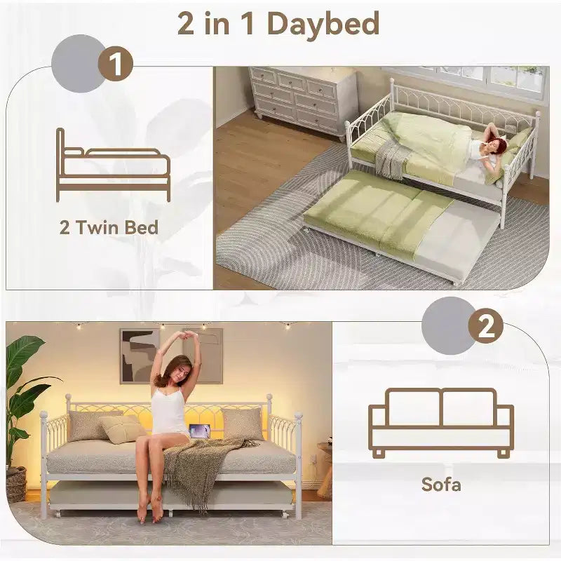 Bed Frame, Bed Frame Twin Daybed with Trundle, Convertible 2-in-1 Sofa, Space Saving Metal Sleeper, for Small Spaces, Apartments, Living Room