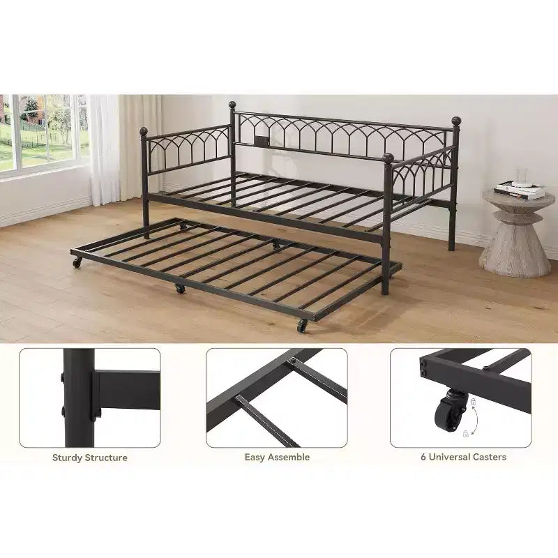 Bed Frame, Bed Frame Twin Daybed with Trundle, Convertible 2-in-1 Sofa, Space Saving Metal Sleeper, for Small Spaces, Apartments, Living Room