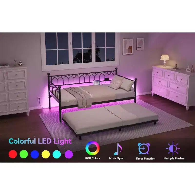 Bed Frame, Bed Frame Twin Daybed with Trundle, Convertible 2-in-1 Sofa, Space Saving Metal Sleeper, for Small Spaces, Apartments, Living Room