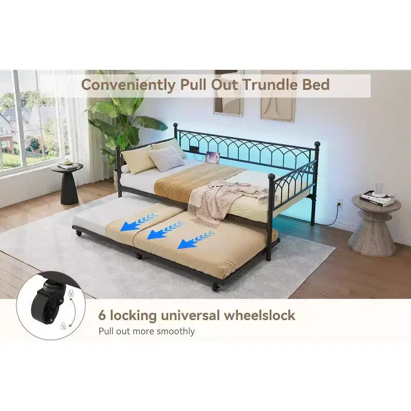 Bed Frame, Bed Frame Twin Daybed with Trundle, Convertible 2-in-1 Sofa, Space Saving Metal Sleeper, for Small Spaces, Apartments, Living Room