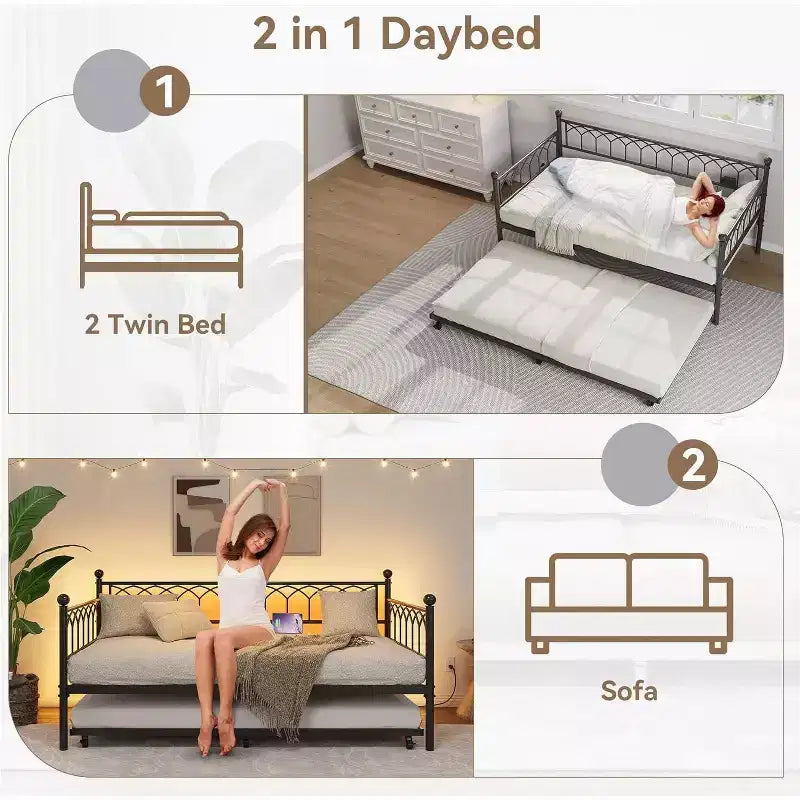 Bed Frame, Bed Frame Twin Daybed with Trundle, Convertible 2-in-1 Sofa, Space Saving Metal Sleeper, for Small Spaces, Apartments, Living Room
