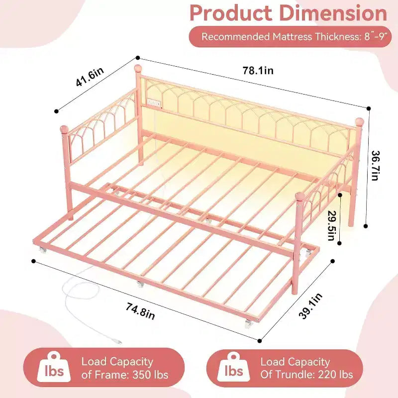 Bed Frame, Bed Frame Twin Daybed with Trundle, Convertible 2-in-1 Sofa, Space Saving Metal Sleeper, for Small Spaces, Apartments, Living Room