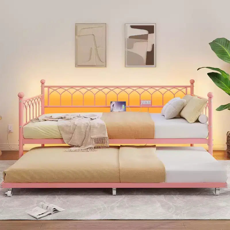 Bed Frame, Bed Frame Twin Daybed with Trundle, Convertible 2-in-1 Sofa, Space Saving Metal Sleeper, for Small Spaces, Apartments, Living Room