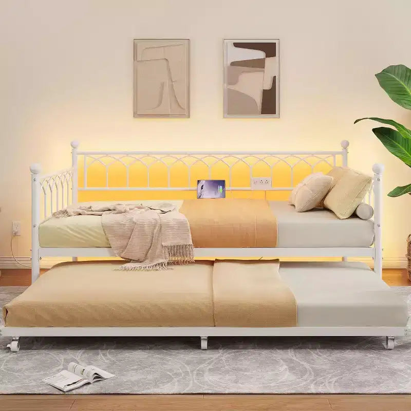 Bed Frame, Bed Frame Twin Daybed with Trundle, Convertible 2-in-1 Sofa, Space Saving Metal Sleeper, for Small Spaces, Apartments, Living Room