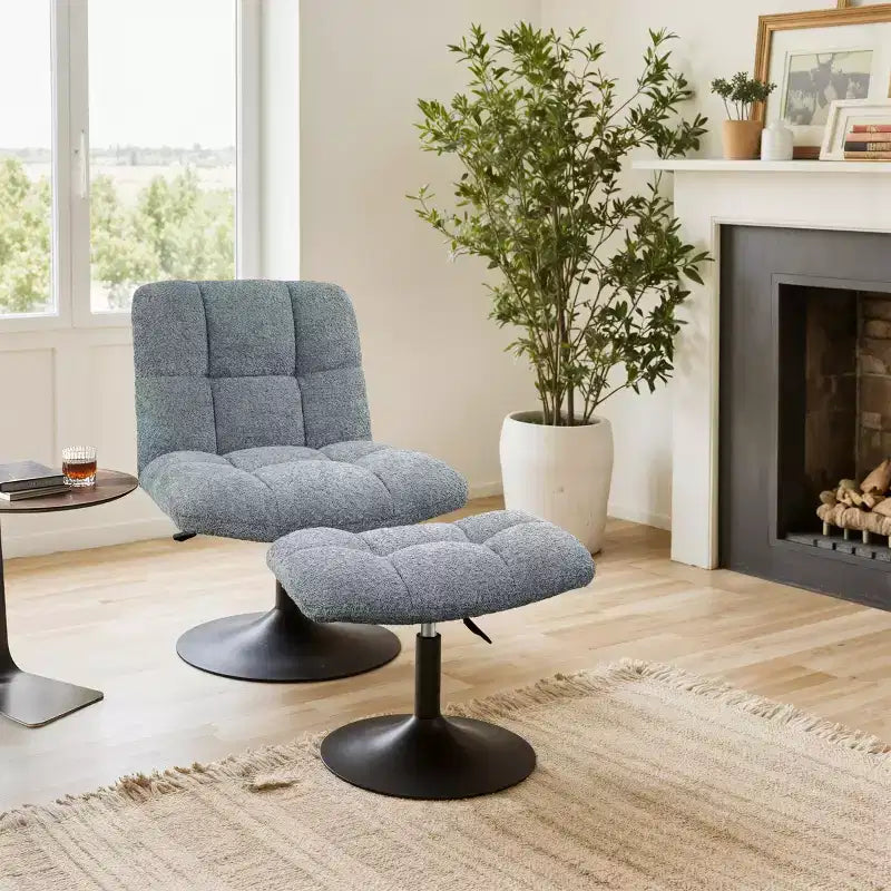 Leisure Linen Fabric Swivel Accent Chair with Ottoman, Wood and Metal Frame