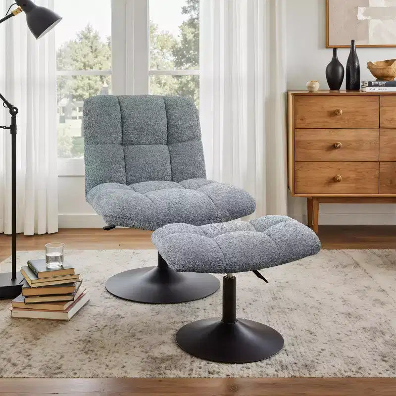 Leisure Linen Fabric Swivel Accent Chair with Ottoman, Wood and Metal Frame