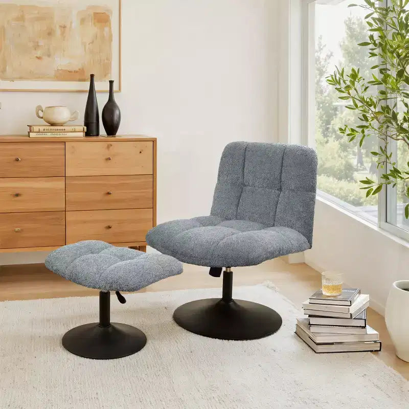 Leisure Linen Fabric Swivel Accent Chair with Ottoman, Wood and Metal Frame