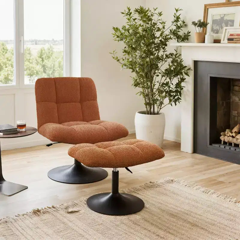 Leisure Linen Fabric Swivel Accent Chair with Ottoman, Wood and Metal Frame