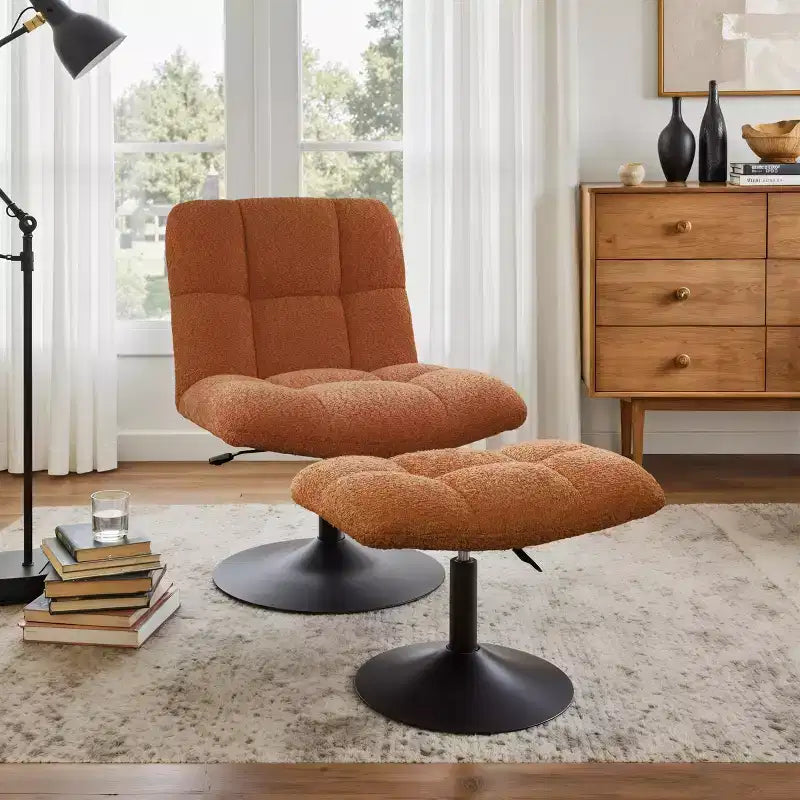 Leisure Linen Fabric Swivel Accent Chair with Ottoman, Wood and Metal Frame
