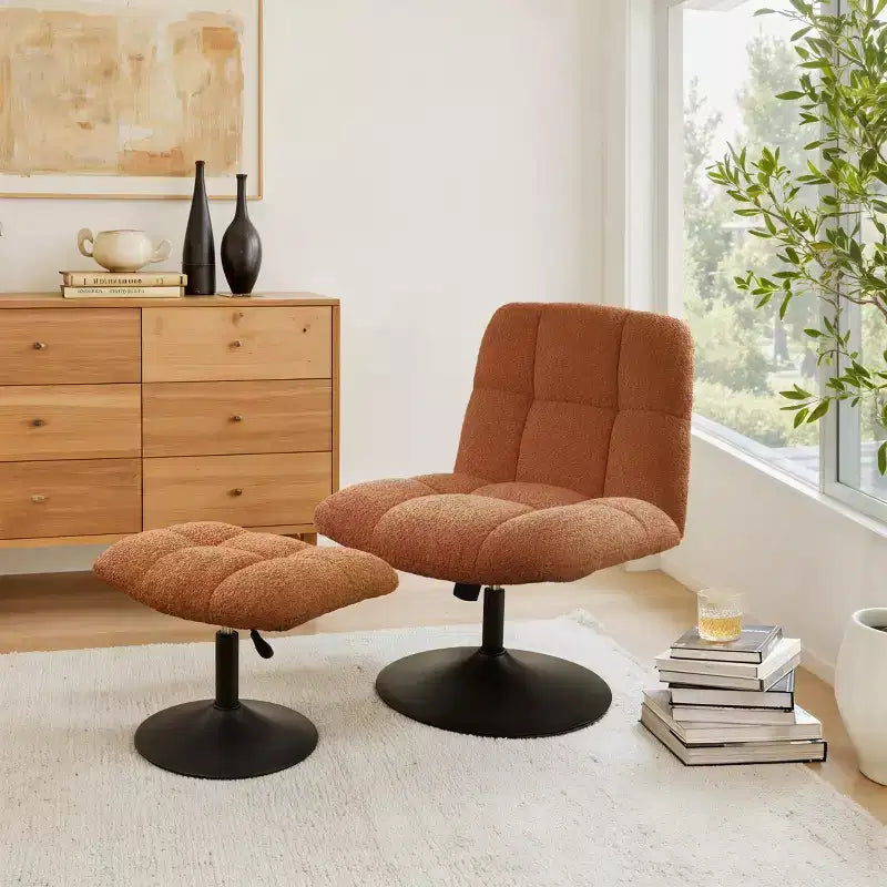 Leisure Linen Fabric Swivel Accent Chair with Ottoman, Wood and Metal Frame