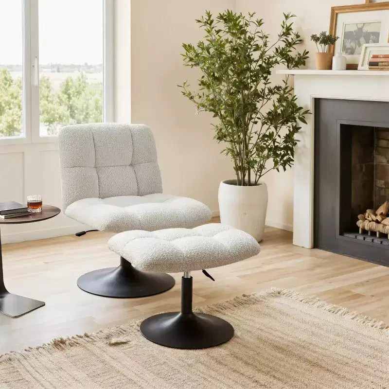 Leisure Linen Fabric Swivel Accent Chair with Ottoman, Wood and Metal Frame
