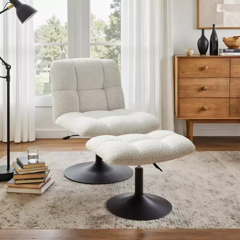 Leisure Linen Fabric Swivel Accent Chair with Ottoman, Wood and Metal Frame