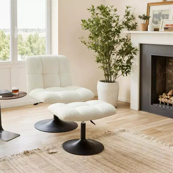 Fauteuil d'appoint pivotant en tissu de lin décontracté avec ottoman, structure en bois et métal
