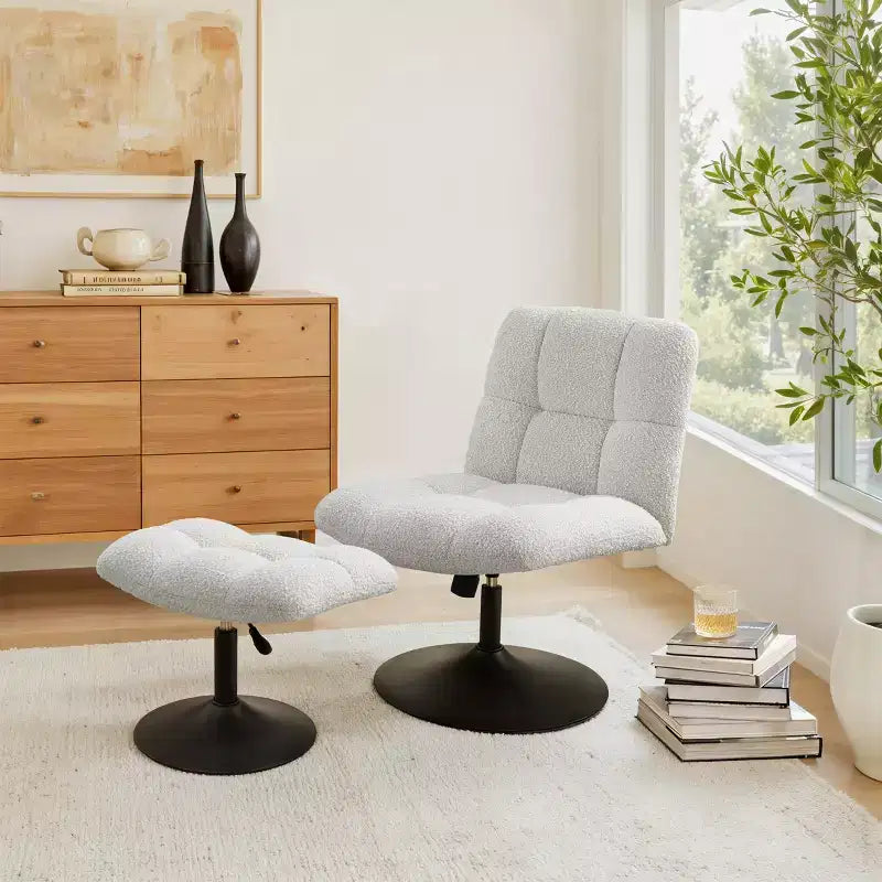 Leisure Linen Fabric Swivel Accent Chair with Ottoman, Wood and Metal Frame