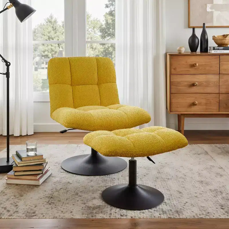 Leisure Linen Fabric Swivel Accent Chair with Ottoman, Wood and Metal Frame