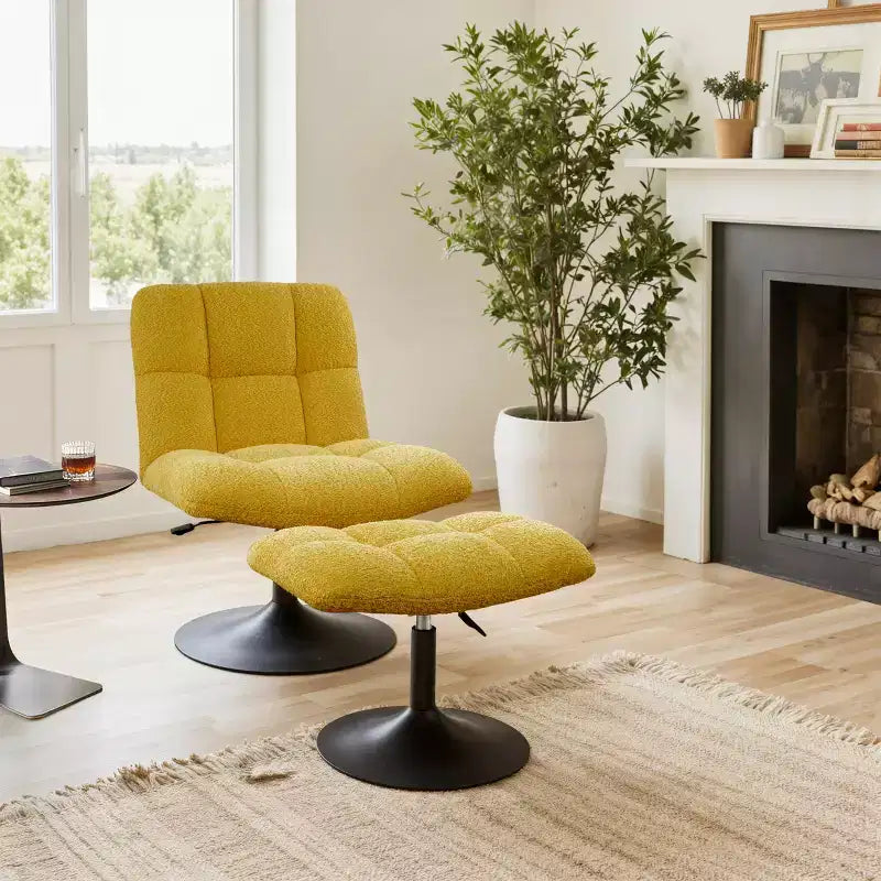 Leisure Linen Fabric Swivel Accent Chair with Ottoman, Wood and Metal Frame