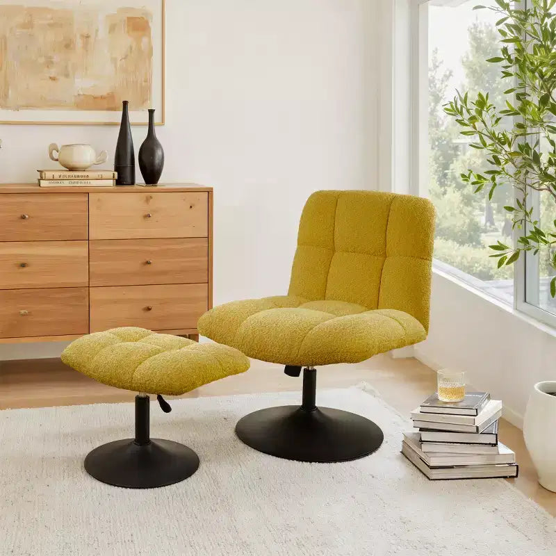 Leisure Linen Fabric Swivel Accent Chair with Ottoman, Wood and Metal Frame