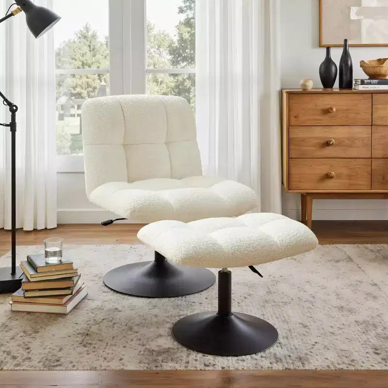Leisure Linen Fabric Swivel Accent Chair with Ottoman, Wood and Metal Frame