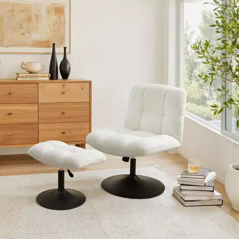 Leisure Linen Fabric Swivel Accent Chair with Ottoman, Wood and Metal Frame