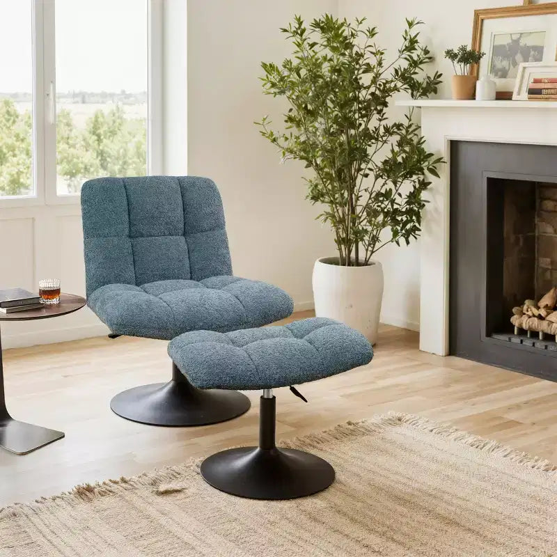 Leisure Linen Fabric Swivel Accent Chair with Ottoman, Wood and Metal Frame