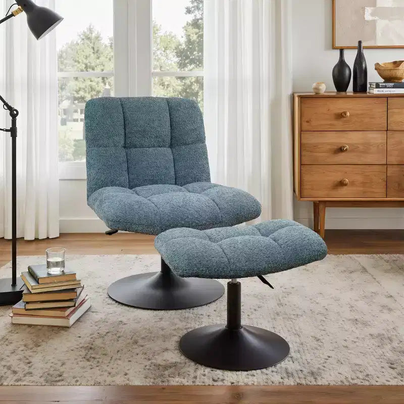 Leisure Linen Fabric Swivel Accent Chair with Ottoman, Wood and Metal Frame