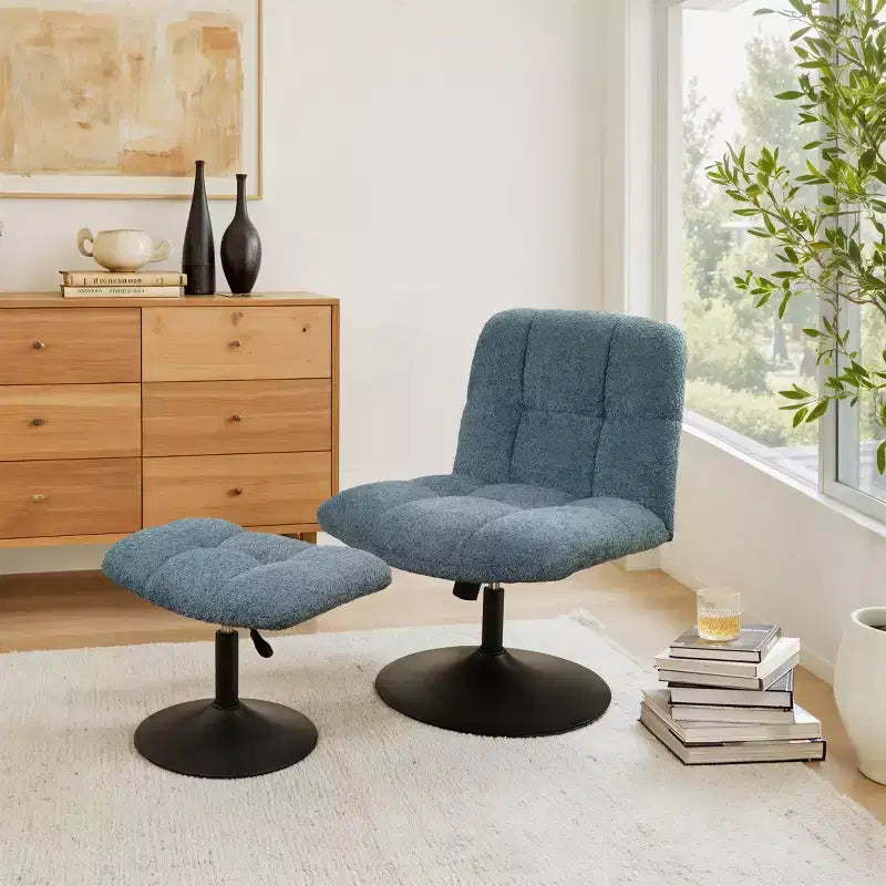 Leisure Linen Fabric Swivel Accent Chair with Ottoman, Wood and Metal Frame