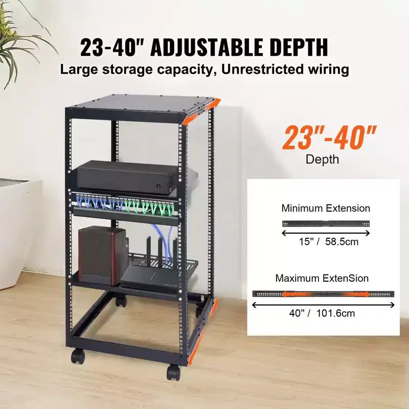 20U Server Cabinet Open Structure Network Housing Wall-Mountable with 2 Perforated Shelves & 4 Wheels Depth Adjustable 23"-40"