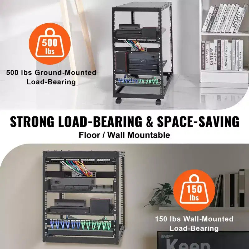 20U Server Cabinet Open Structure Network Housing Wall-Mountable with 2 Perforated Shelves & 4 Wheels Depth Adjustable 23"-40"