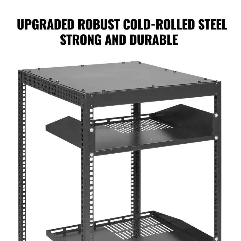 20U Server Cabinet Open Structure Network Housing Wall-Mountable with 2 Perforated Shelves & 4 Wheels Depth Adjustable 23"-40"