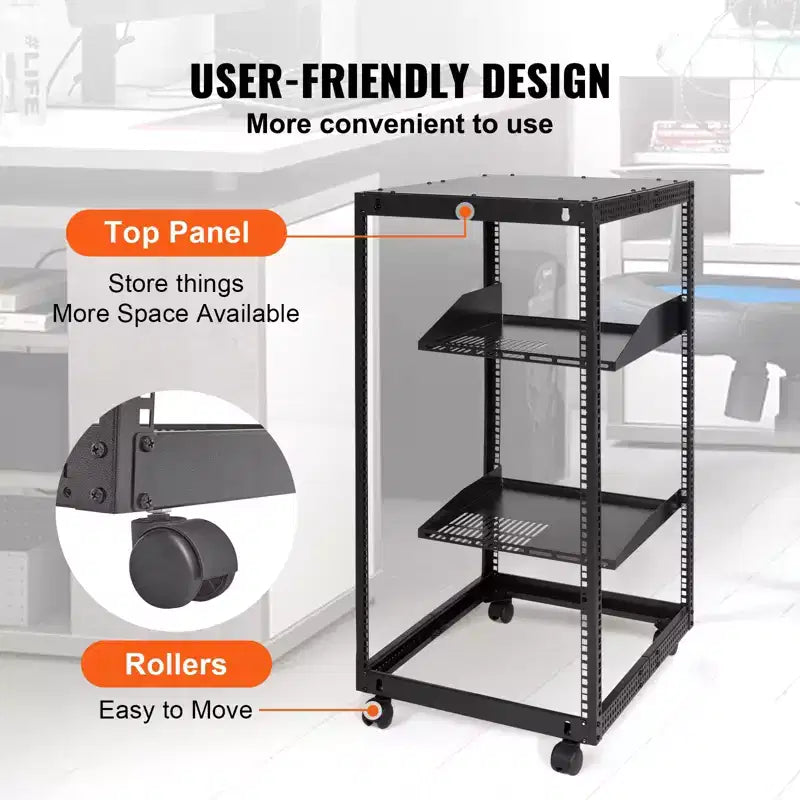 20U Server Cabinet Open Structure Network Housing Wall-Mountable with 2 Perforated Shelves & 4 Wheels Depth Adjustable 23"-40"