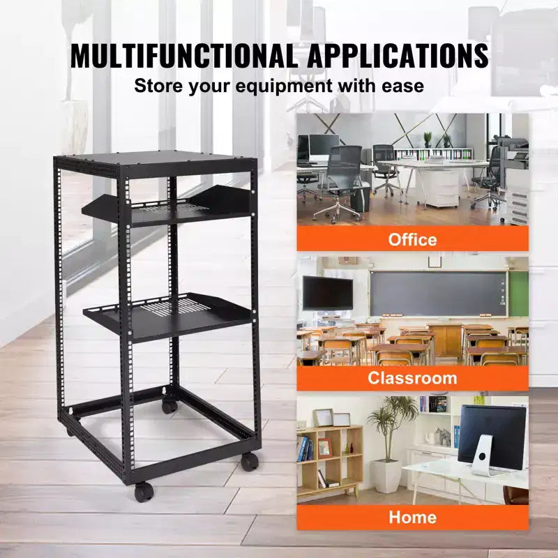 20U Server Cabinet Open Structure Network Housing Wall-Mountable with 2 Perforated Shelves & 4 Wheels Depth Adjustable 23"-40"